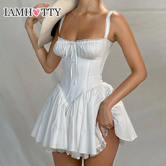 IAMHOTTY High-quality Lace Panel A-line Dress White Coquette Party Holiday Sleeveless Mini Corset Dresses Elegant Sweet Robe New Kafinashop