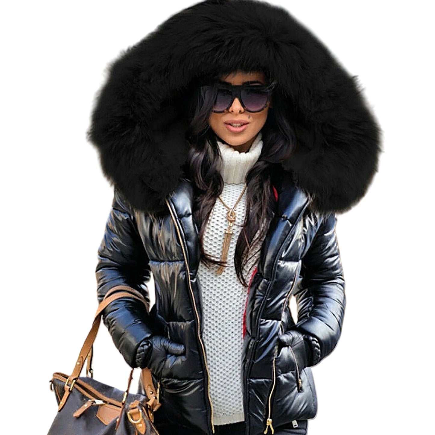 Loose Jacket Women Autumn Winter Faux Fur Hood Zipper Warm Down Coat Outdoor Parka Outerwear Short Jacket Kafinashop