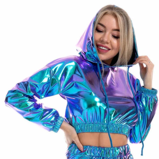 Sexy Cropped Holographic Hoodies Women Shiny PU Metallic Hoody Long Sleeve Short Sweatshirt with Drawstring Pullovers Streetwear Kafinashop