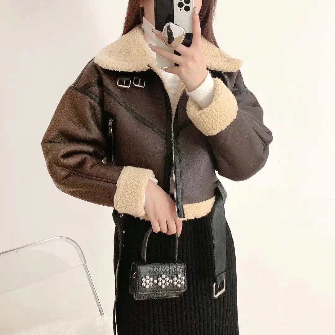 Ailegogo Winter Women Streetwear Faux Lamb Leather Fur Short Jacket with Belt Moto Biker Thick Warm Sheepskin Coat Outwear Kafinashop