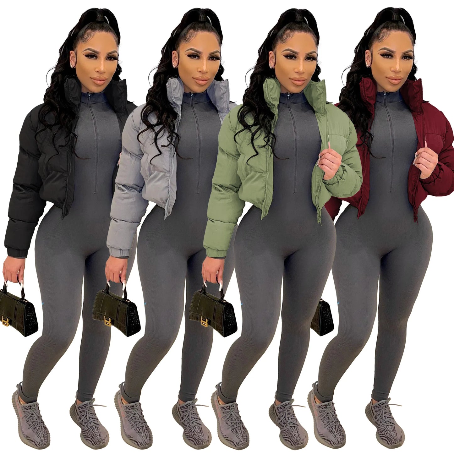 Fall Zip Up Turtleneck Cropped Puffer Jacket Solid Color Wholesale Winter Clothes Women Bubble Coat Outwear Kafinashop