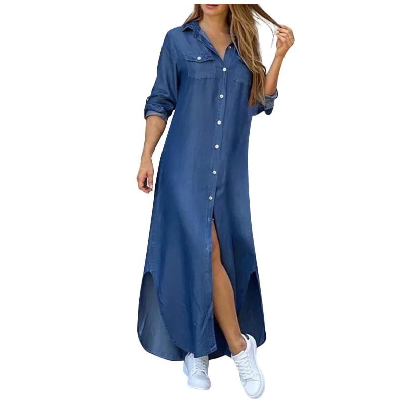 Autumn Long Dress Long Sleeve Shirt Women's Denim Pocket Button Shirt Printing Casual Loose Dress Kafinashop