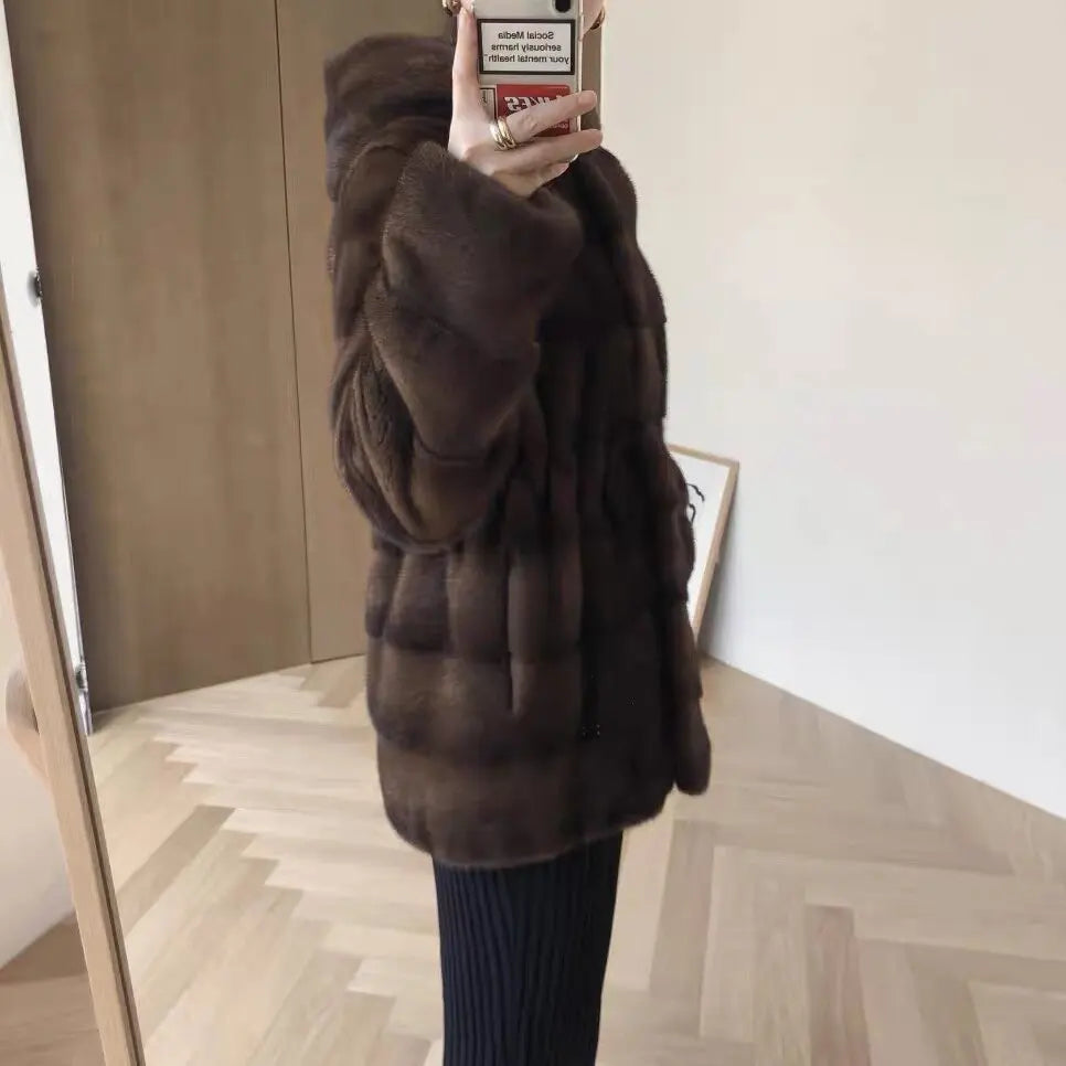 2022 New Mink Velvet Luxury natural real mink Fur Coats Women Winter Thick Loose Warm Outwear Plush Hooded Jacket Female Kafinashop