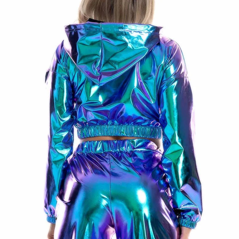 Sexy Cropped Holographic Hoodies Women Shiny PU Metallic Hoody Long Sleeve Short Sweatshirt with Drawstring Pullovers Streetwear Kafinashop