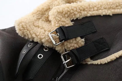 Ailegogo Winter Women Streetwear Faux Lamb Leather Fur Short Jacket with Belt Moto Biker Thick Warm Sheepskin Coat Outwear Kafinashop