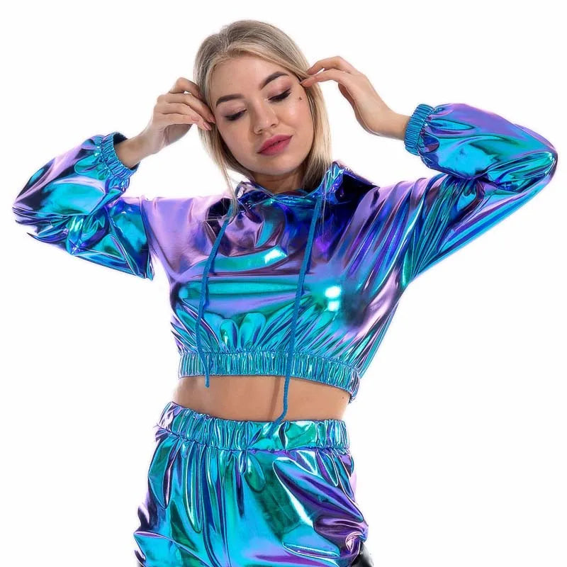 Sexy Cropped Holographic Hoodies Women Shiny PU Metallic Hoody Long Sleeve Short Sweatshirt with Drawstring Pullovers Streetwear Kafinashop