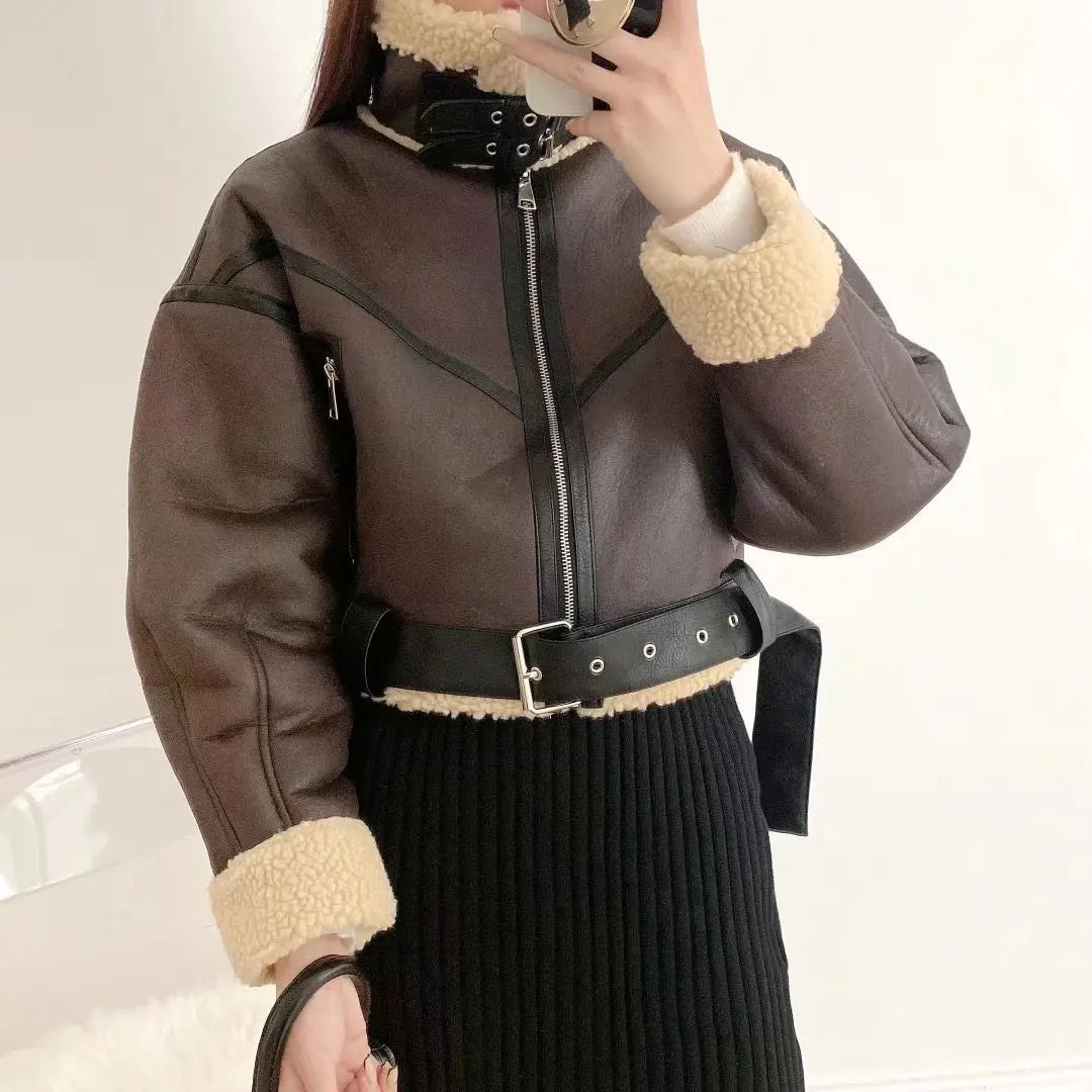 Ailegogo Winter Women Streetwear Faux Lamb Leather Fur Short Jacket with Belt Moto Biker Thick Warm Sheepskin Coat Outwear Kafinashop