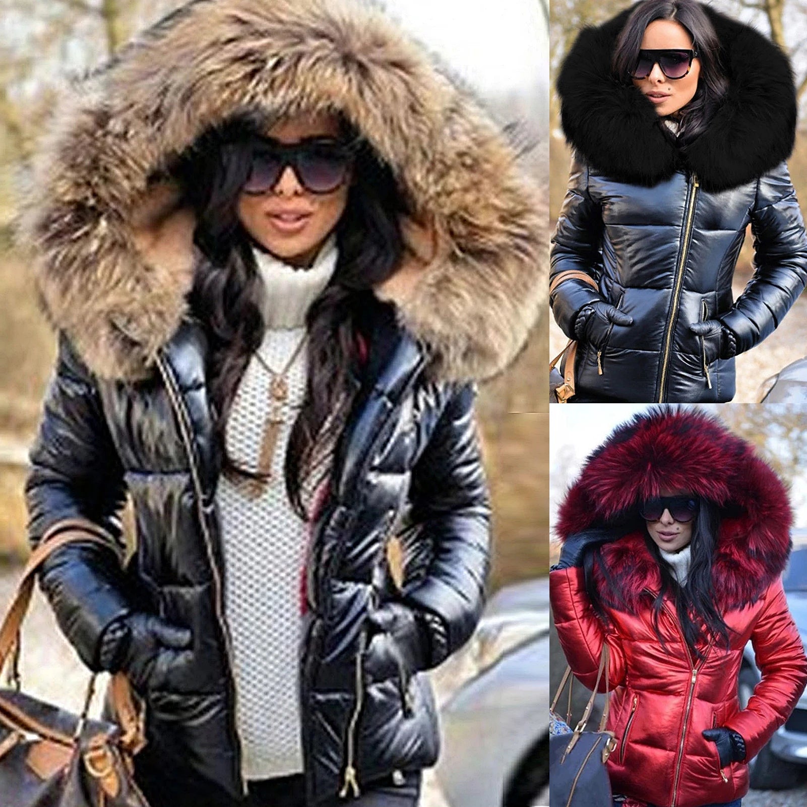 Loose Jacket Women Autumn Winter Faux Fur Hood Zipper Warm Down Coat Outdoor Parka Outerwear Short Jacket Kafinashop