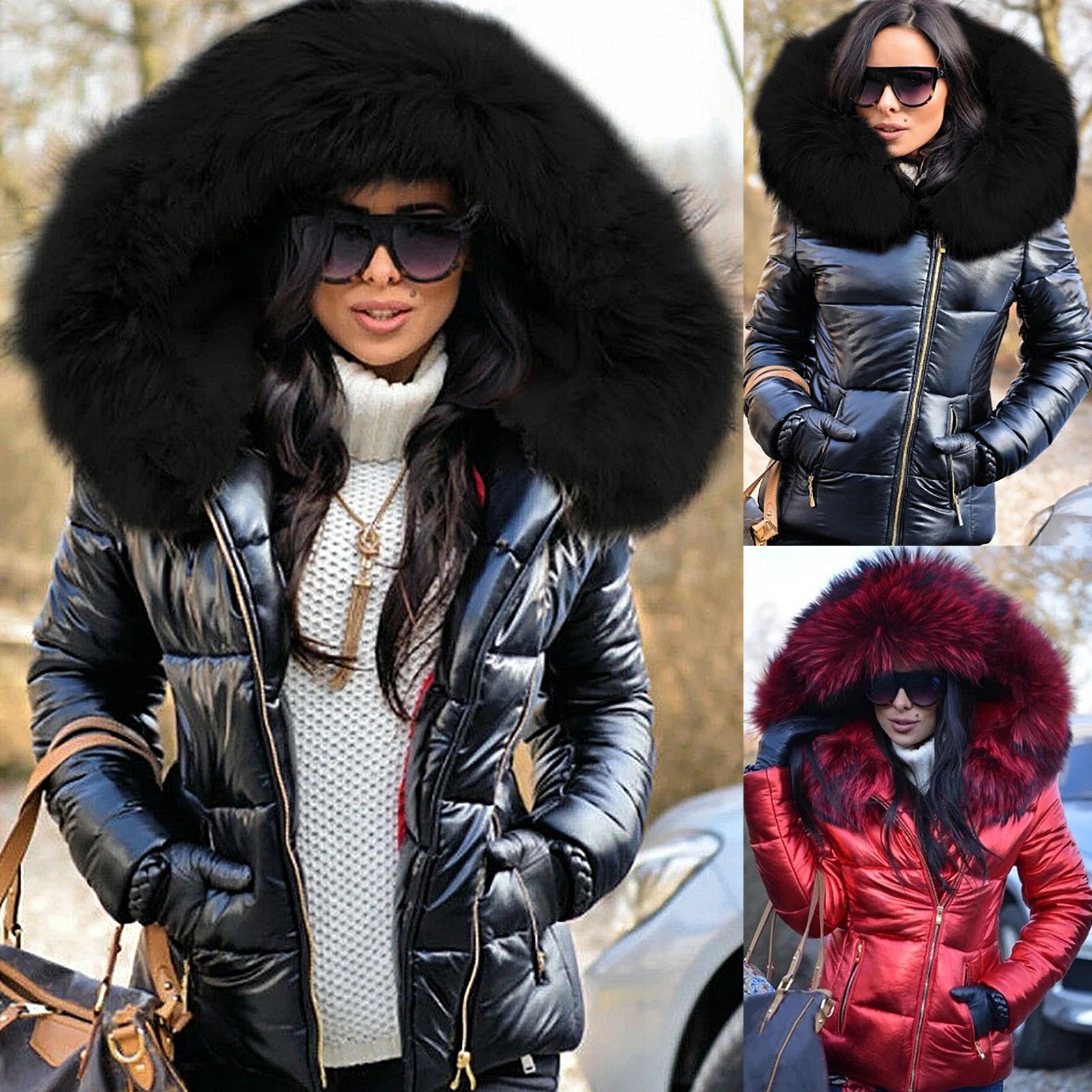 Loose Jacket Women Autumn Winter Faux Fur Hood Zipper Warm Down Coat Outdoor Parka Outerwear Short Jacket Kafinashop