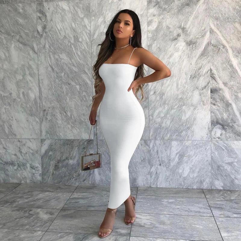 Dulzura 2023 Autumn Winter Women Solid White Black Strap Midi Dress Bodycon Sexy Streetwear Party Club Elegant Fashion Clothes Kafinashop