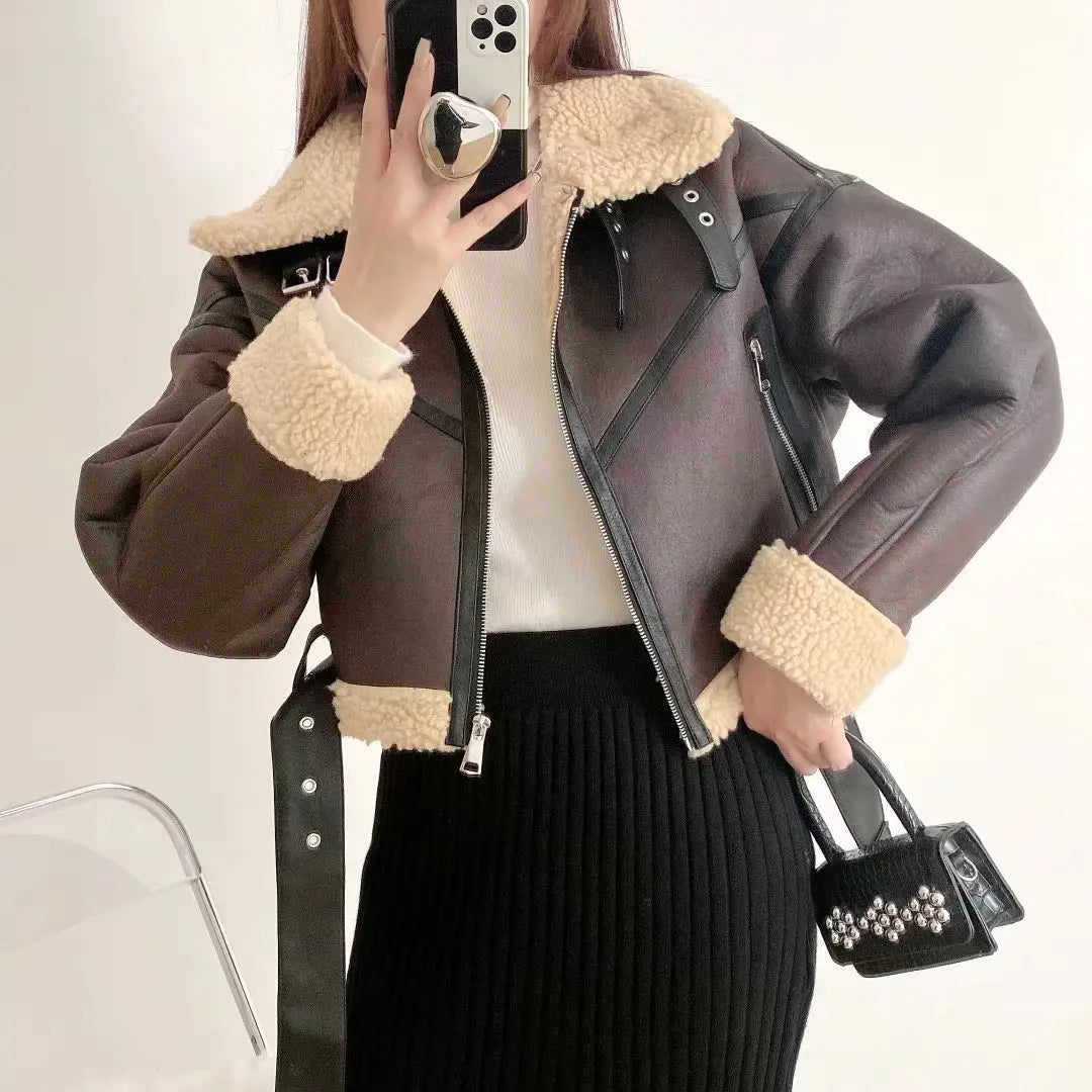 Ailegogo Winter Women Streetwear Faux Lamb Leather Fur Short Jacket with Belt Moto Biker Thick Warm Sheepskin Coat Outwear Kafinashop