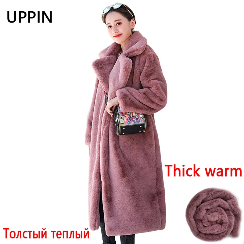 Winter Women High Quality Faux Rabbit Fur Coat Luxury Long Fur Coat Loose Lapel OverCoat Thick Warm Plus Size Female Plush Coats Kafinashop