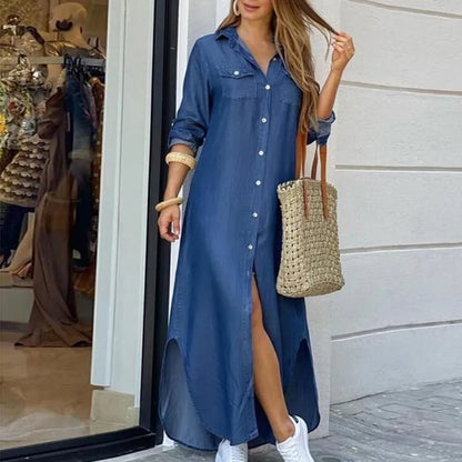 Autumn Long Dress Long Sleeve Shirt Women's Denim Pocket Button Shirt Printing Casual Loose Dress Kafinashop