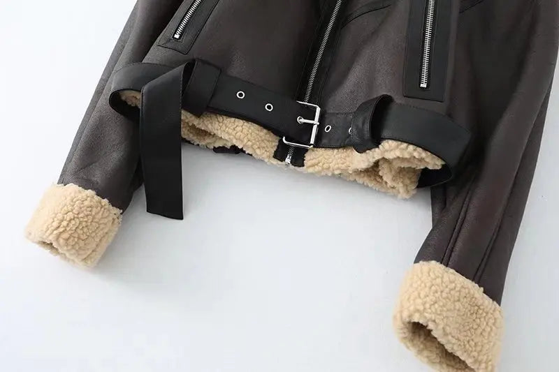 Ailegogo Winter Women Streetwear Faux Lamb Leather Fur Short Jacket with Belt Moto Biker Thick Warm Sheepskin Coat Outwear Kafinashop