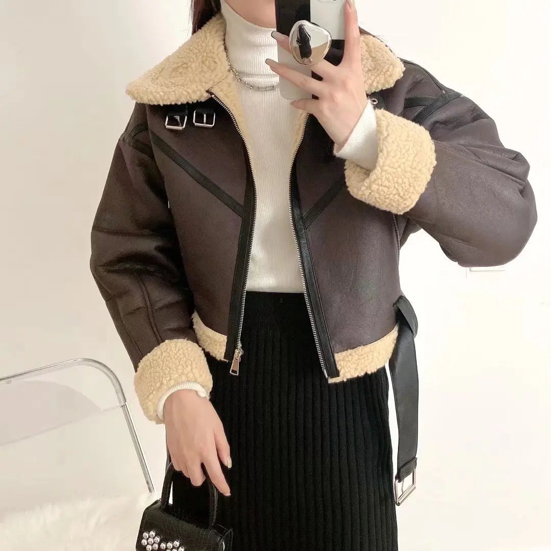 Ailegogo Winter Women Streetwear Faux Lamb Leather Fur Short Jacket with Belt Moto Biker Thick Warm Sheepskin Coat Outwear Kafinashop