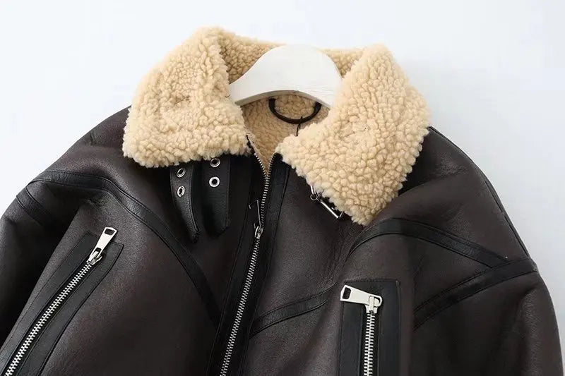 Ailegogo Winter Women Streetwear Faux Lamb Leather Fur Short Jacket with Belt Moto Biker Thick Warm Sheepskin Coat Outwear Kafinashop