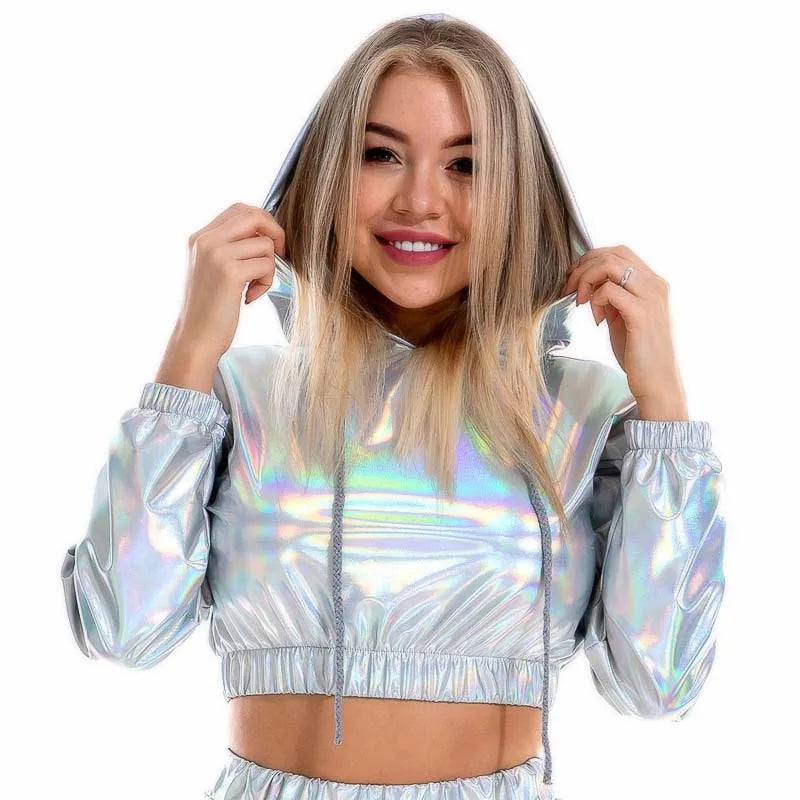 Sexy Cropped Holographic Hoodies Women Shiny PU Metallic Hoody Long Sleeve Short Sweatshirt with Drawstring Pullovers Streetwear Kafinashop