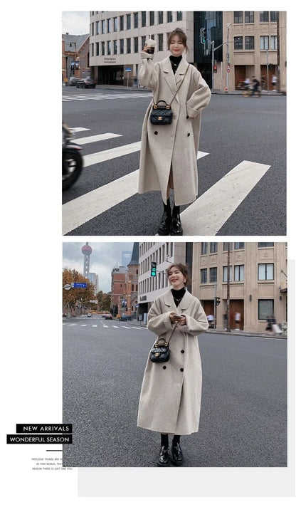 2023 Winter New Women's Loose-fit Woolen Jacket Medium-length Thickened Suit Collar Overcoat Korean Style Casual Clothing Kafinashop