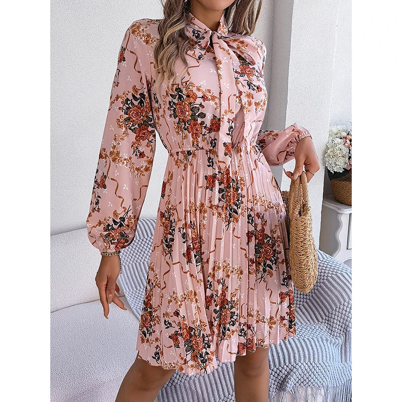 Krisnanas Autumn Women Dresses 2024 New Long Sleeves Loose Elasticity Flower Print Pleated Tied Round-Neck Mini Dresses Kafinashop