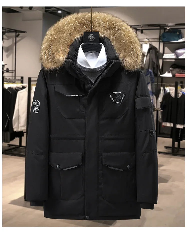 Men's Ultimate Winter Parka -30°C Warmth, 90% White Duck Down, Thickened Mid-Length Coat with Large Real Fur Collar, Overcoat Kafinashop