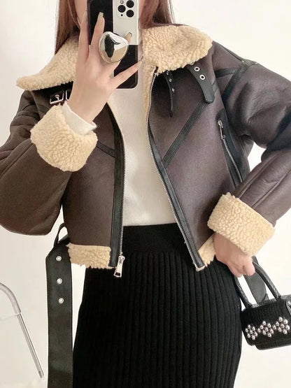 Ailegogo Winter Women Streetwear Faux Lamb Leather Fur Short Jacket with Belt Moto Biker Thick Warm Sheepskin Coat Outwear Kafinashop