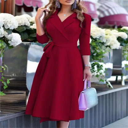 New Womens Dress Clothing Printing Suit Collar Tie Dress Kafinashop