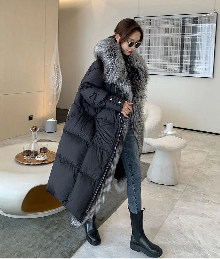 2024 New Winter Women Warm Coat 90% Goose Down Jacket Long Real Fox Fur Collar Thick Luxury Outerwear Female Coat Streetwear Kafinashop