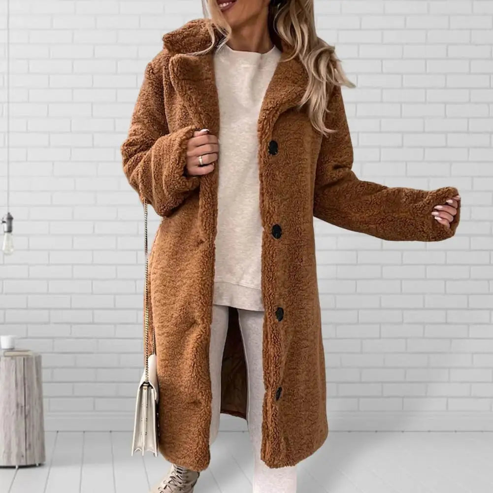 Trendy Women Overcoat Autumn Winter Women Trench Coat Long Style Pure Color Single-breasted Teddy Jacket  Windproof Kafinashop