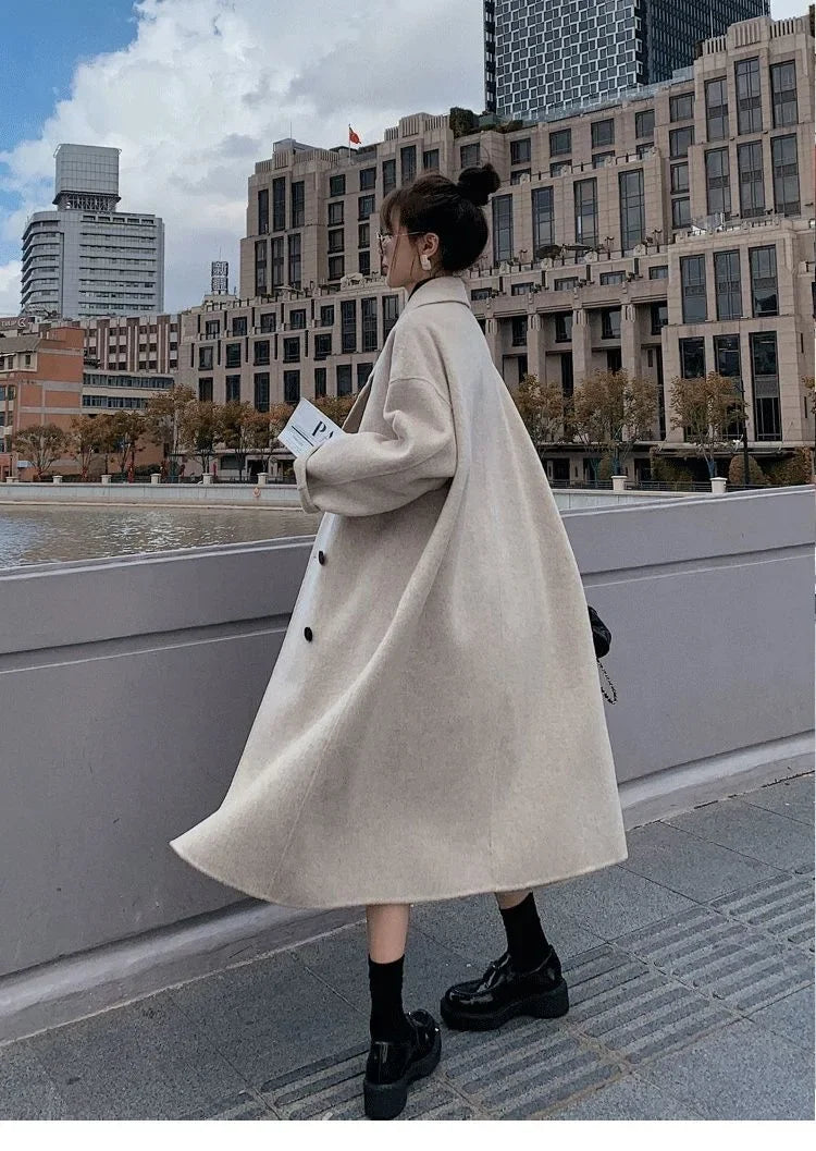 2023 Winter New Women's Loose-fit Woolen Jacket Medium-length Thickened Suit Collar Overcoat Korean Style Casual Clothing Kafinashop