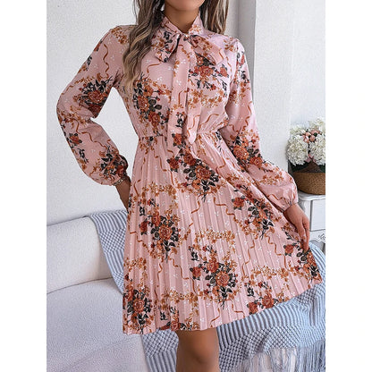 Krisnanas Autumn Women Dresses 2024 New Long Sleeves Loose Elasticity Flower Print Pleated Tied Round-Neck Mini Dresses Kafinashop