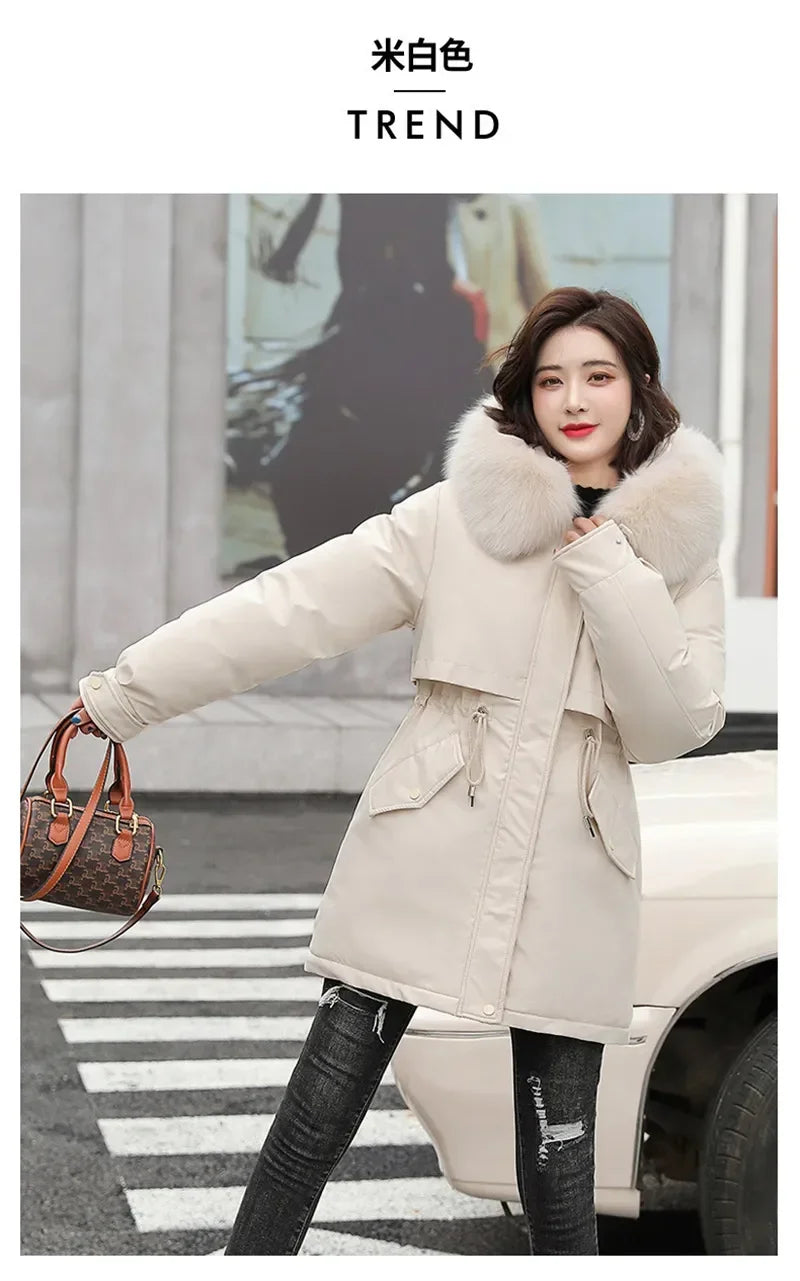 Winter Coat Low Price On Sale Women Beige Add Wool Thick Warmth Fur Hooded Parkas Jacket 2023 New Fashion Belt Slim Cotton Coat Kafinashop