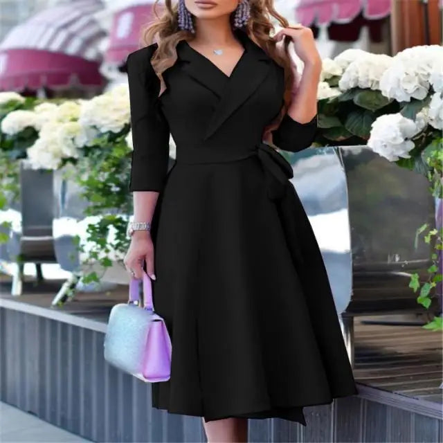 New Womens Dress Clothing Printing Suit Collar Tie Dress Kafinashop