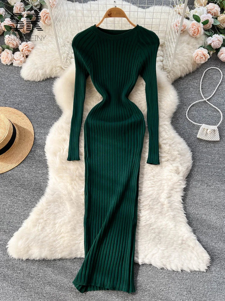 SINGREINY Winter Women Knit Maxi Dress O Neck Autumn Long Sleeve Slim Solid Harajuku Ladies Fashion Pencil Sweater Long Dresses Kafinashop