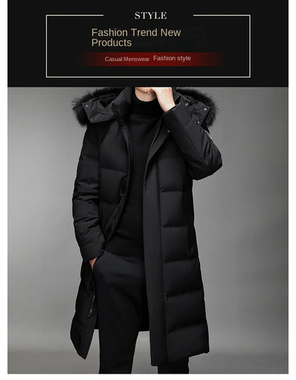 Luxury Long Down Jacket Men's Winter Korean Style Detachable Fur Collar Cap White Duck Down Warm Coat Brand Lightweight Parka Kafinashop