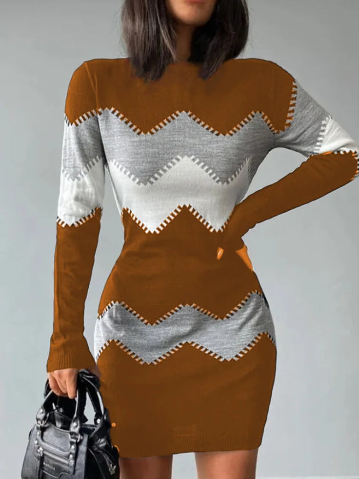 Autumn Winter Women Fashion Print Slim Dress 2024 Female Long-sleeve O-neck Elegant Bodycon Package Hips Mini Dresses Vestidos Kafinashop