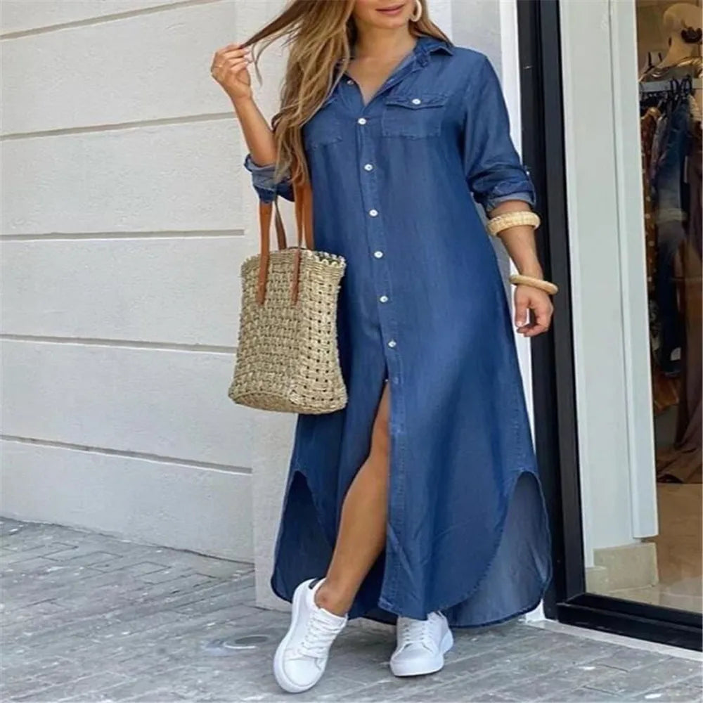 Autumn Long Dress Long Sleeve Shirt Women's Denim Pocket Button Shirt Printing Casual Loose Dress Kafinashop