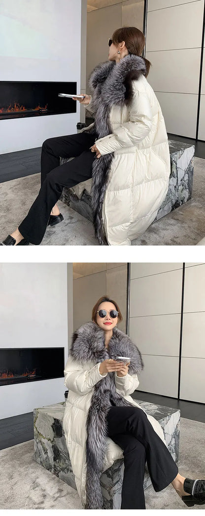 2024 New Winter Women Warm Coat 90% Goose Down Jacket Long Real Fox Fur Collar Thick Luxury Outerwear Female Coat Streetwear Kafinashop