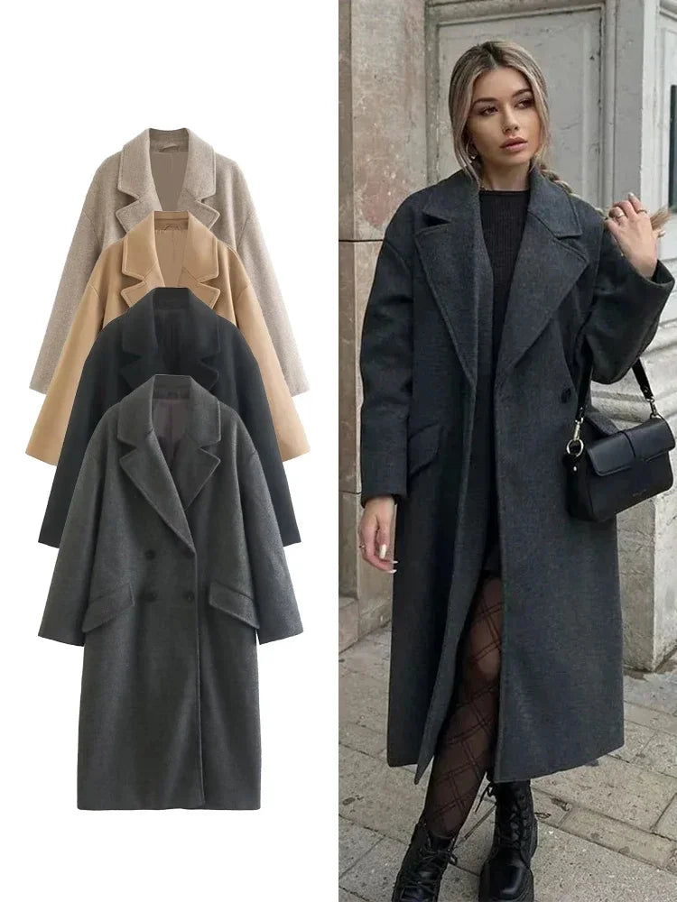 2024 Women's New Double-Breasted Warm Trench Coat Fall And Winter Fashion V-Neck Long-Sleeved Pocket Tweed Coat Women Long Coat Kafinashop