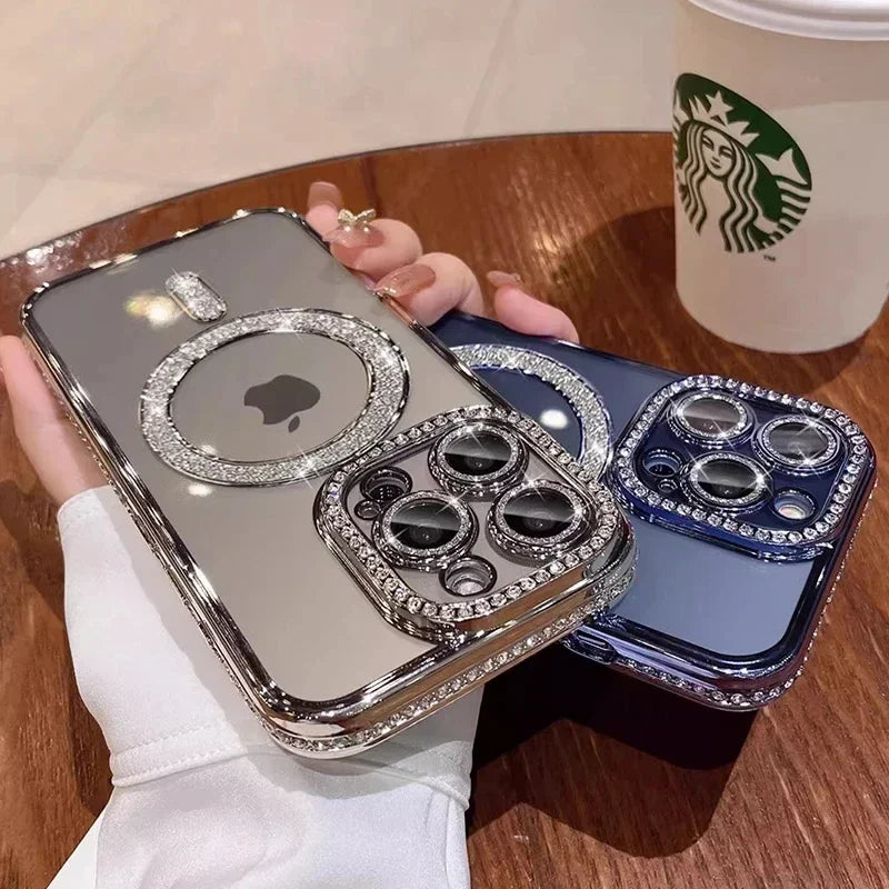 Clear Bling Crystal Phone Case For iPhone 15 14 11 12 13 Pro Max Plus For Magsafe Magnetic Wireless Charging Lens Film Cover Kafinashop