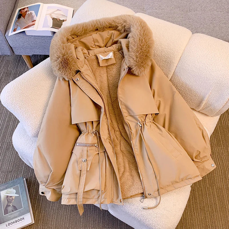 2023 New Fashion Women Winter Jacket Fake Fur Collar Oversized Long Coat Hooded Warm Lining Female Puffer Jacket Parkas Mujer Kafinashop