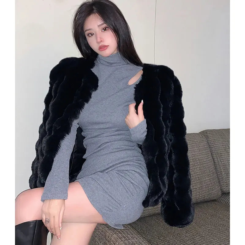 2023 Winter Fashion Faux Fur Coat Women Korea Fashion Warm Feather Coats Cardigan Short Outercoat Lady Party Elegant Outfits New Kafinashop