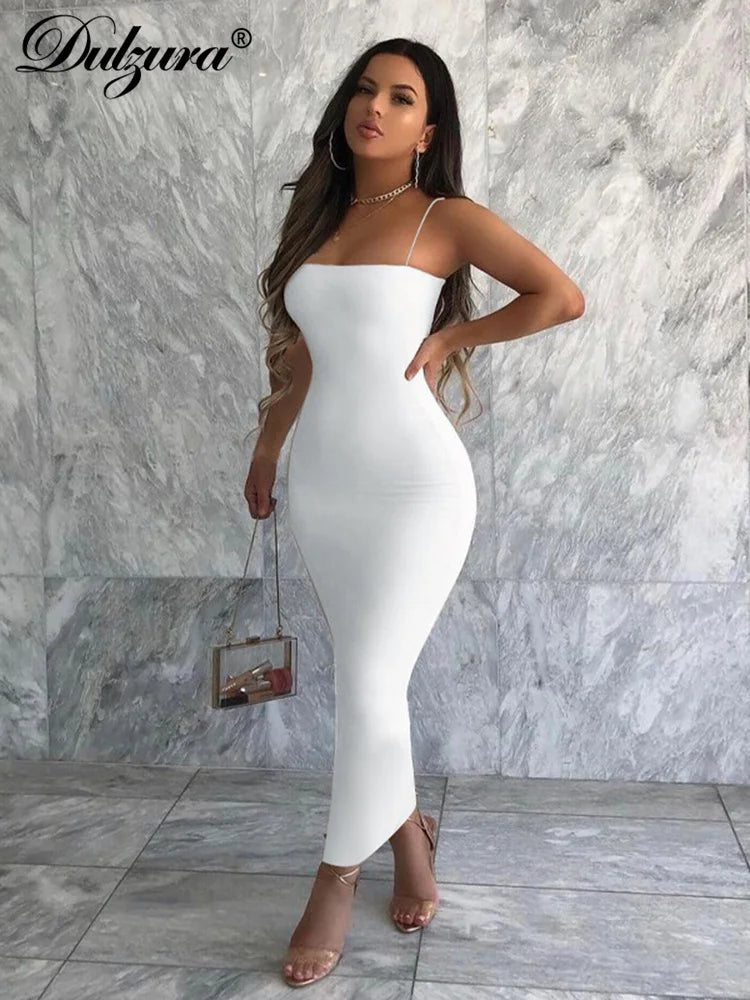 Dulzura 2023 Autumn Winter Women Solid White Black Strap Midi Dress Bodycon Sexy Streetwear Party Club Elegant Fashion Clothes Kafinashop