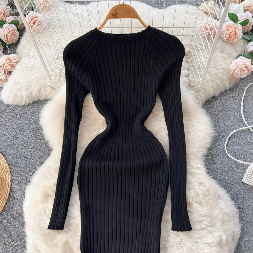 SINGREINY Winter Women Knit Maxi Dress O Neck Autumn Long Sleeve Slim Solid Harajuku Ladies Fashion Pencil Sweater Long Dresses Kafinashop