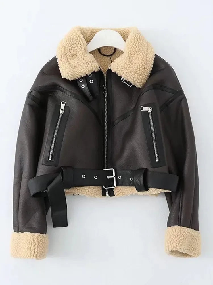 Ailegogo Winter Women Streetwear Faux Lamb Leather Fur Short Jacket with Belt Moto Biker Thick Warm Sheepskin Coat Outwear Kafinashop