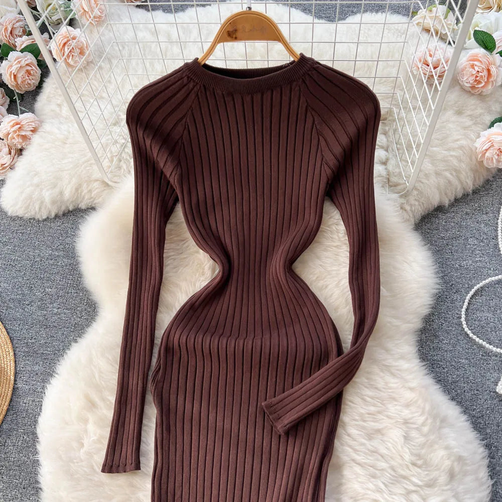 SINGREINY Winter Women Knit Maxi Dress O Neck Autumn Long Sleeve Slim Solid Harajuku Ladies Fashion Pencil Sweater Long Dresses Kafinashop