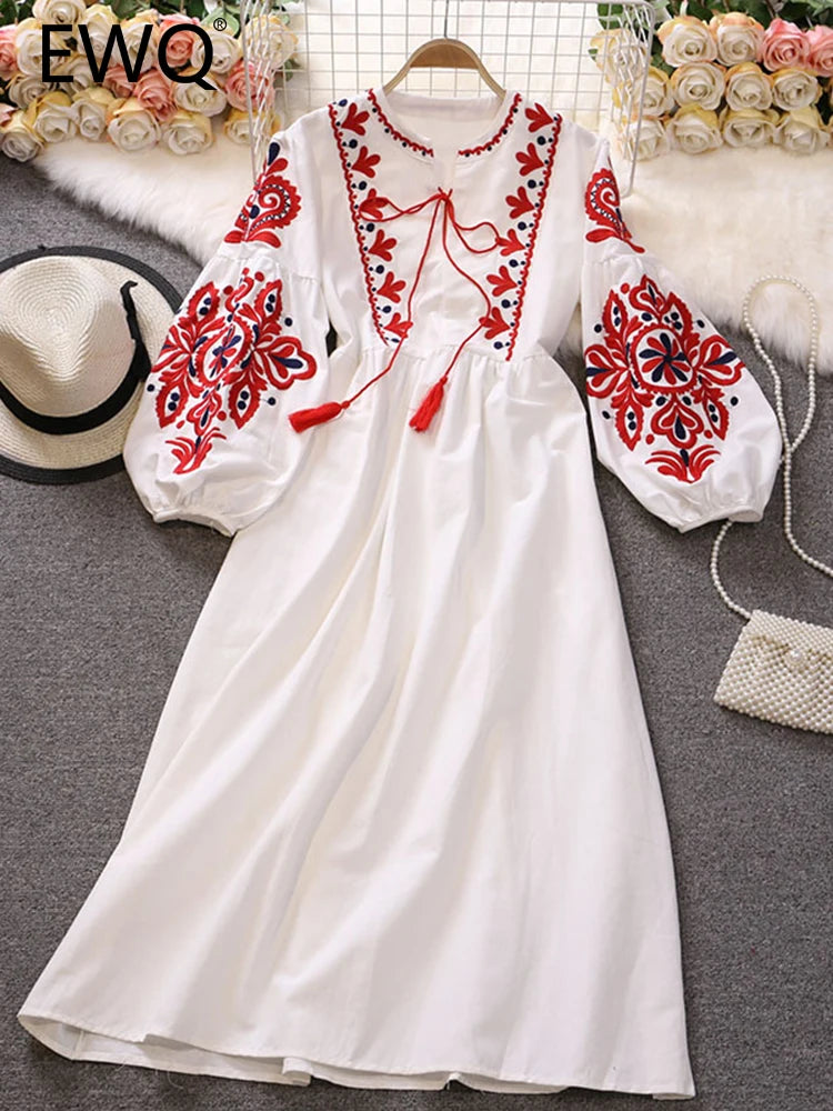 EWQ Sweet Style Y2K Women Nice Foreve Dress Embroidery O-neck Bandage Long-sleeve White Dresses Womens Spring Summer 2023 New Kafinashop