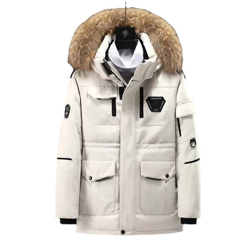 Men's Ultimate Winter Parka -30°C Warmth, 90% White Duck Down, Thickened Mid-Length Coat with Large Real Fur Collar, Overcoat Kafinashop