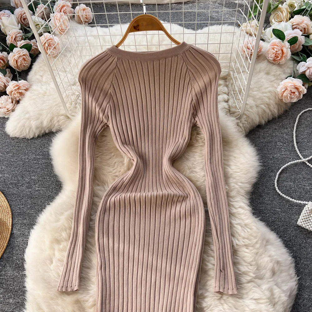 SINGREINY Winter Women Knit Maxi Dress O Neck Autumn Long Sleeve Slim Solid Harajuku Ladies Fashion Pencil Sweater Long Dresses Kafinashop