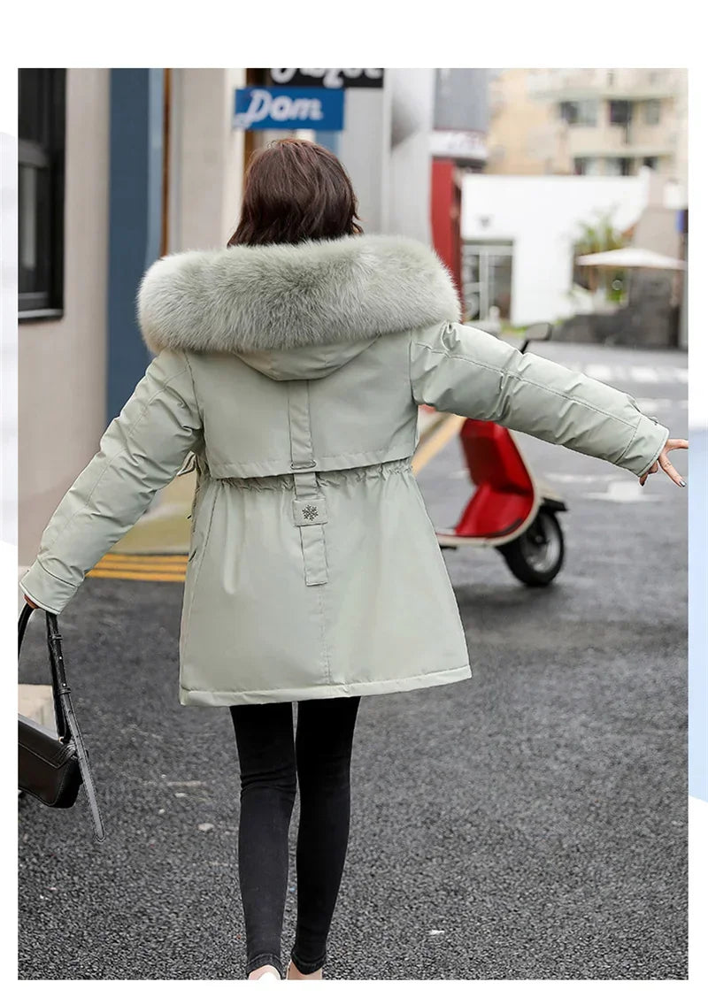 Winter Coat Low Price On Sale Women Beige Add Wool Thick Warmth Fur Hooded Parkas Jacket 2023 New Fashion Belt Slim Cotton Coat Kafinashop