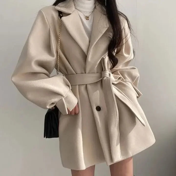 Medium-length Women's Woolen Jacket Loose-fit Autumn/winter Suit Collar Petite Size Kafinashop